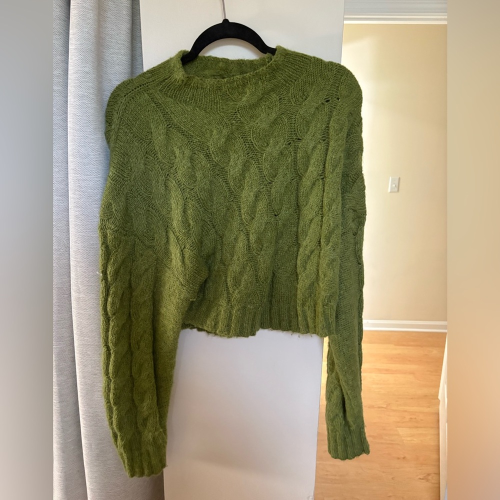 Cult Gaia Green Cowl Neck Cable Knit Sweater